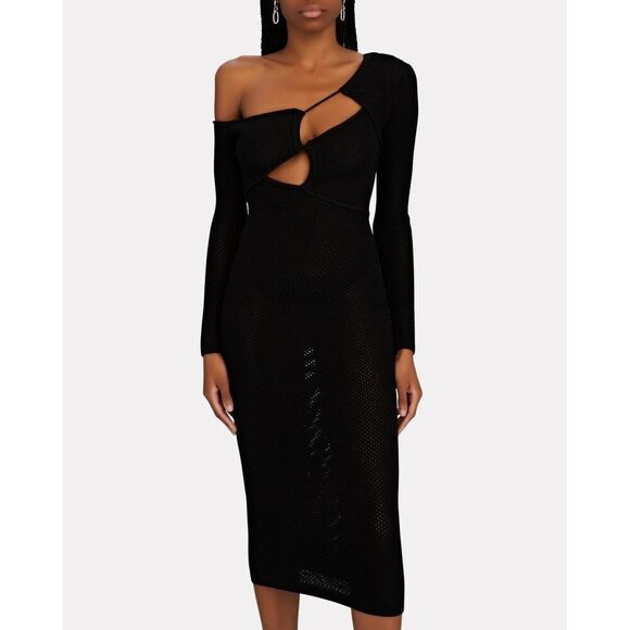 Ronny Kobo‎ Dress Black One Shoulder Cut Out Crochet Knit Midi Dress Size S - Picture 6 of 11